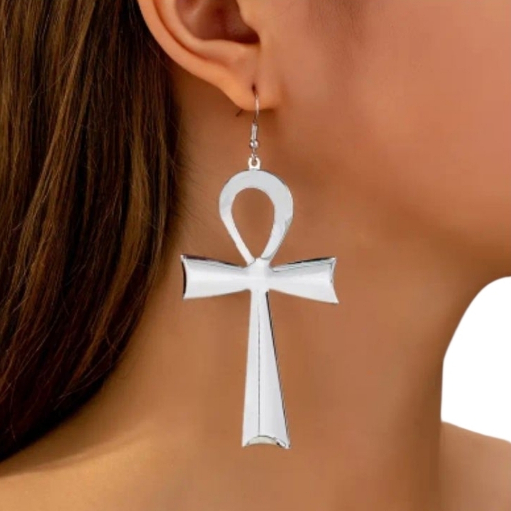 Silver Ankh Drop Earrings